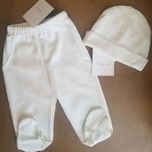 Babytom Unisex White Organic Pima Cotton Newborn Baby Footed Pants and Hat 0-3M